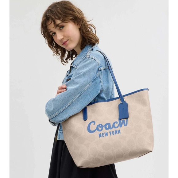 Coach City Tote Bag Signature Canvas W Coach Graphic Sand/Pacific Blue CY705 NWT - Picture 8 of 12